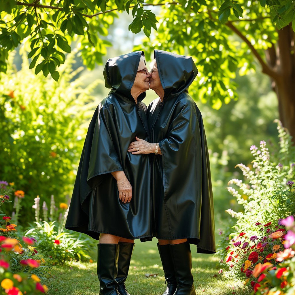 Two elderly women in elegant black vinyl capes with hoods, wearing stylish high boots