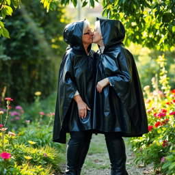 Two elderly women in elegant black vinyl capes with hoods, wearing stylish high boots