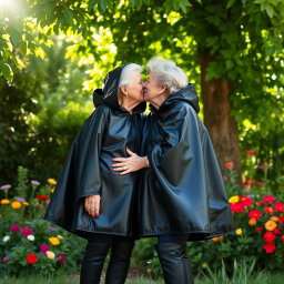 Two elderly women in elegant black vinyl capes with hoods, wearing stylish high boots