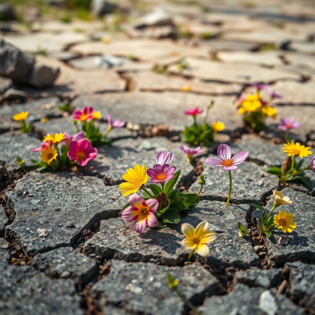 A vibrant scene depicting colorful flowers blooming beautifully from cracks in an old, weathered pavement