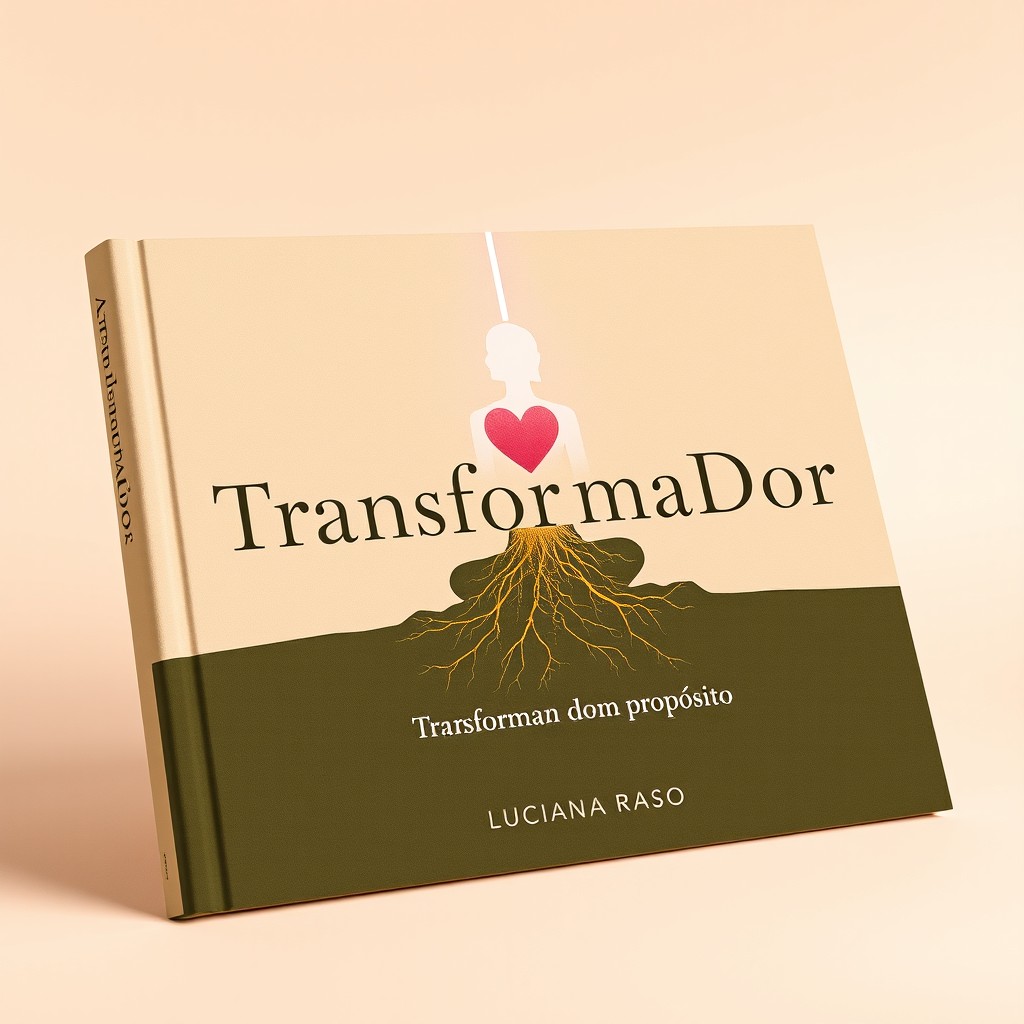 A minimalist and symbolic book cover designed horizontally (landscape orientation) featuring the title 'TransformaDor' and the subtitle 'Transformando dor em propósito' by author Luciana RASO