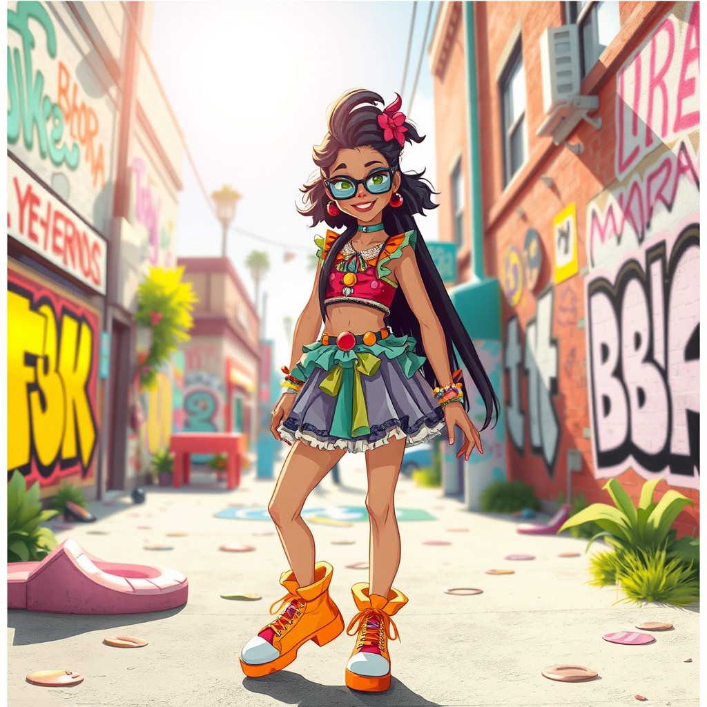 A stylized depiction of a person in a playful, vibrant setting, embracing their whimsical fashion sense