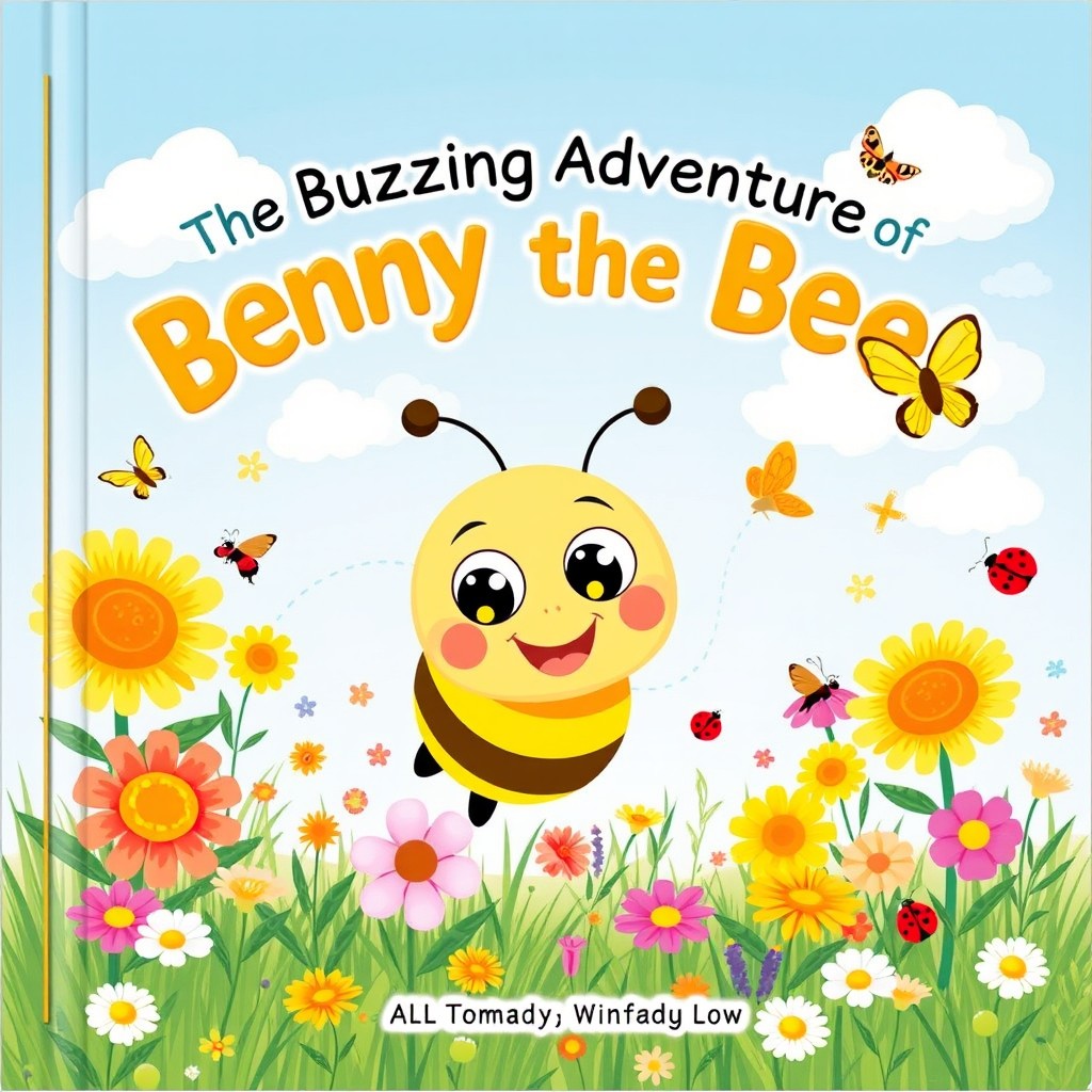 A beautifully illustrated cover for a children's book titled 'The Buzzing Adventures of Benny the Bee'