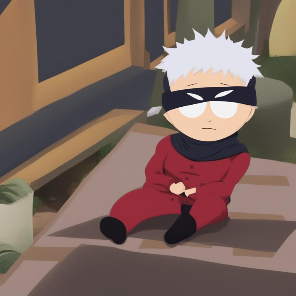 A digital art image depicting Satoru Gojo from Jujutsu Kaisen in the classic South Park style