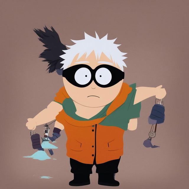 A digital art image depicting Satoru Gojo from Jujutsu Kaisen in the classic South Park style