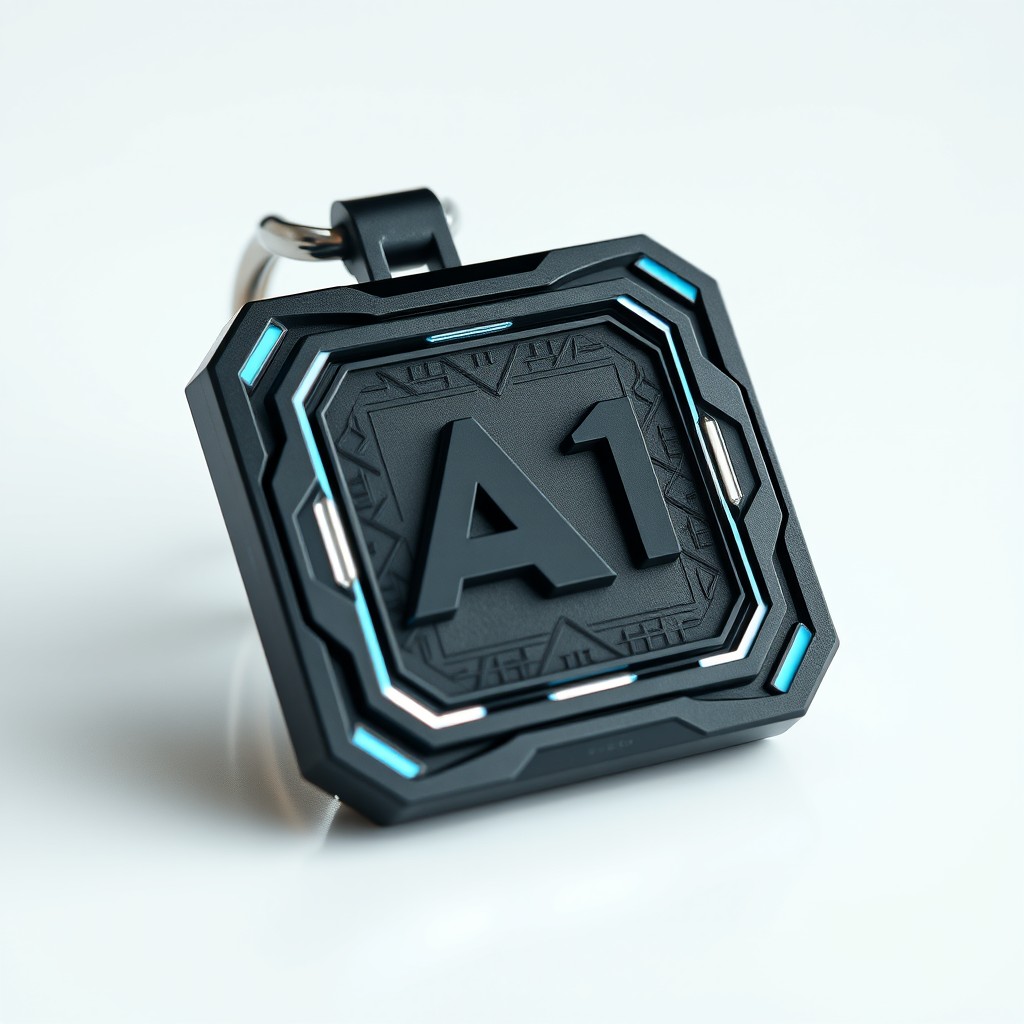 A futuristic square-shaped keychain featuring the letter 'A1' prominently displayed in a sleek, modern design