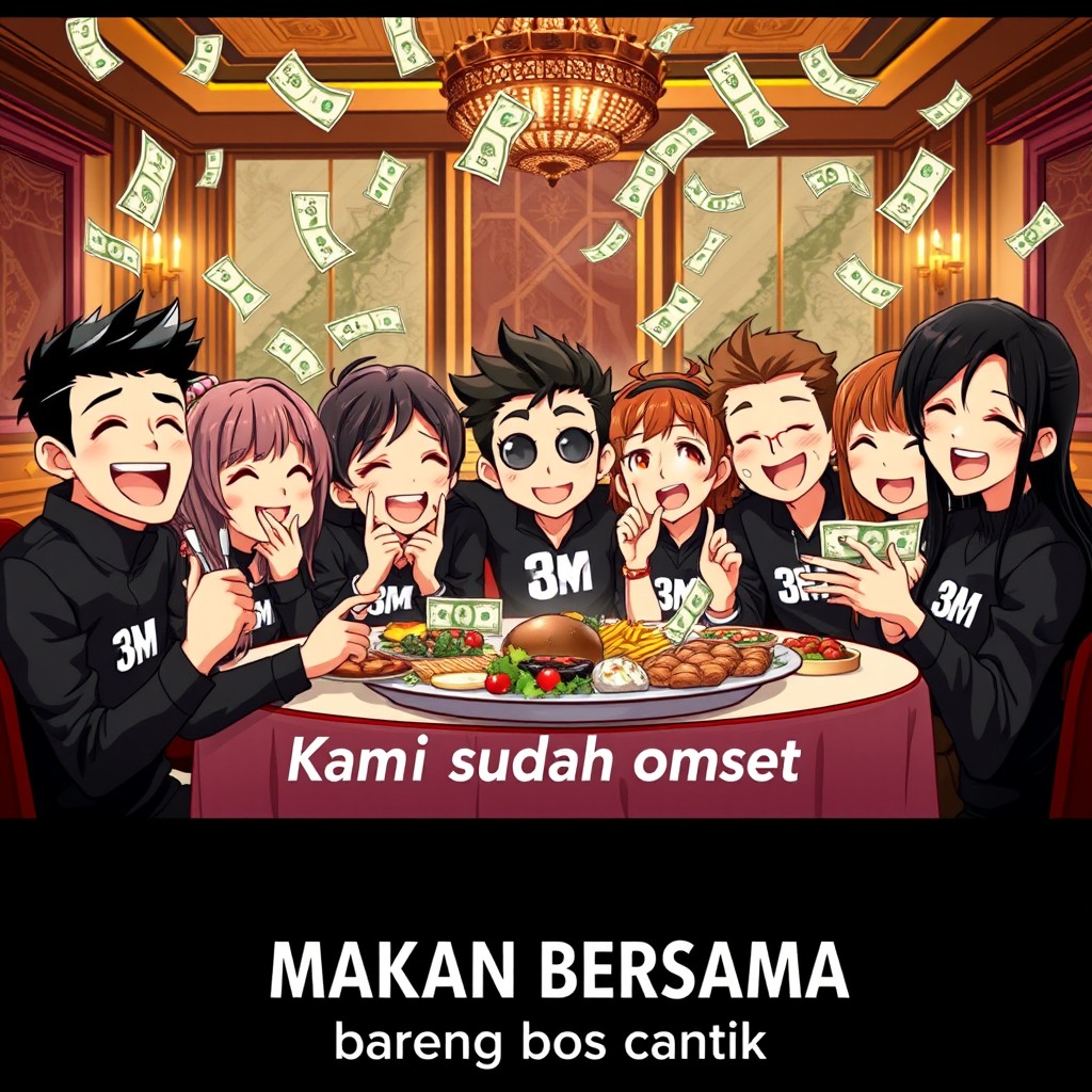 An anime-style poster featuring a lively group of people enjoying a feast together, filled with joy and celebration