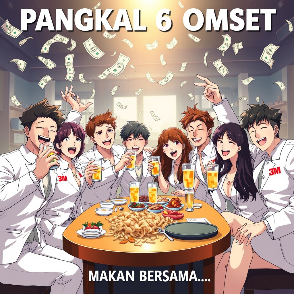 An anime poster depicting a lively group of people enjoying a festive meal together, celebrating joyfully with glasses of soju