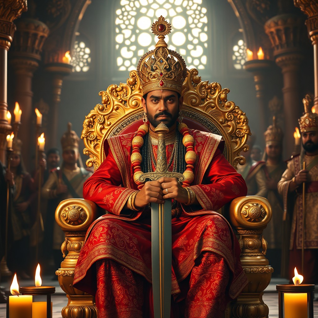 A majestic ancient Indian king sitting on a golden throne, adorned in a heavy royal crown and traditional silk robes richly embroidered with intricate patterns