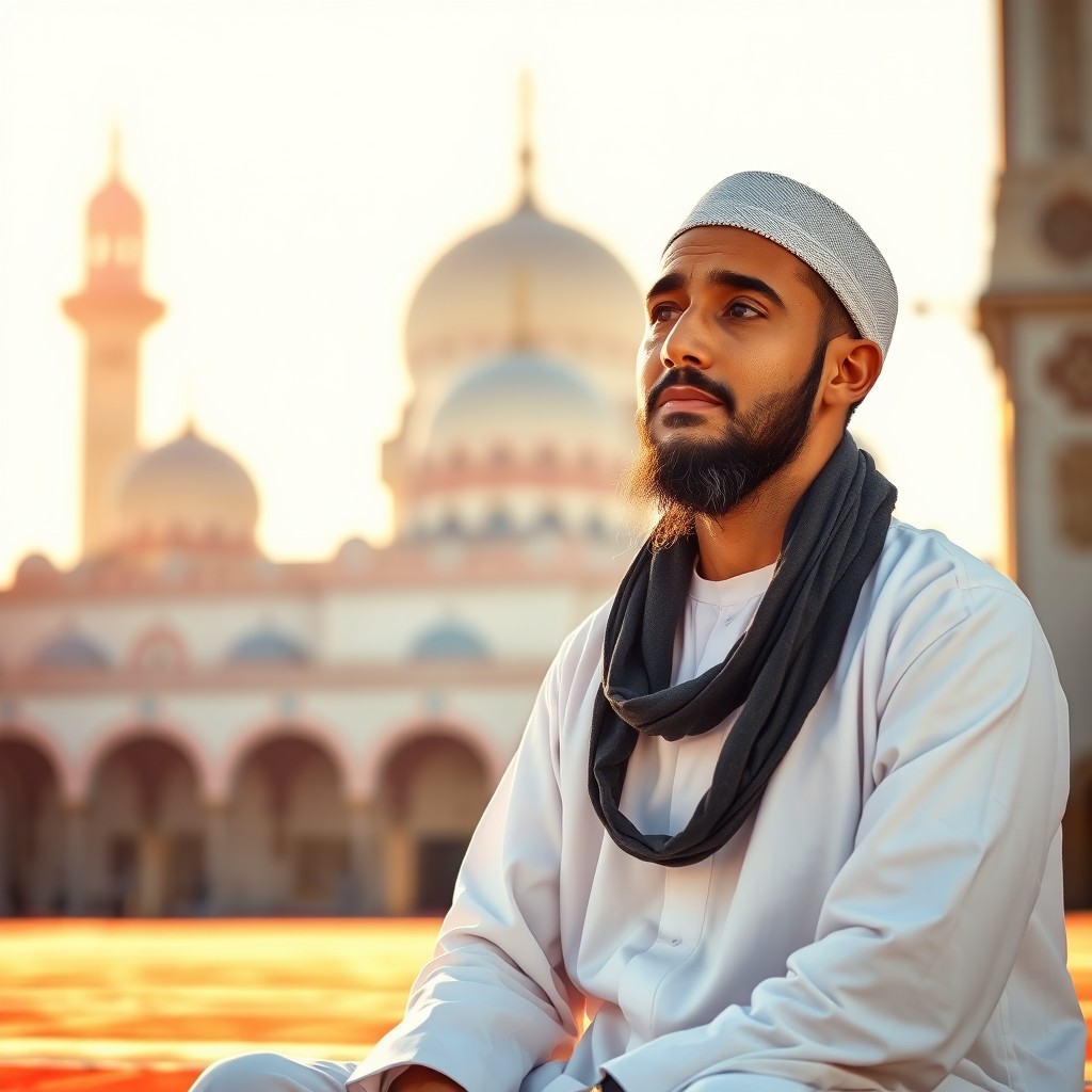 A portrait of a devoted Muslim man in traditional attire, sitting peacefully in a serene environment