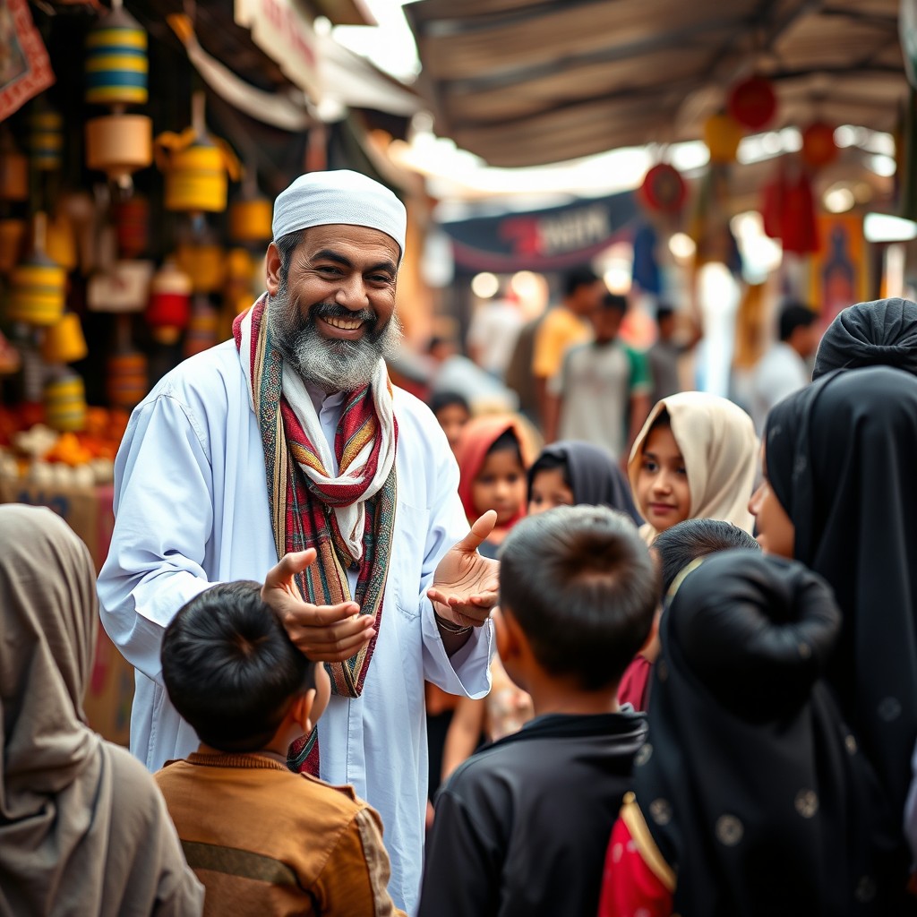 A compassionate Muslim man in traditional attire, actively helping others in a community setting