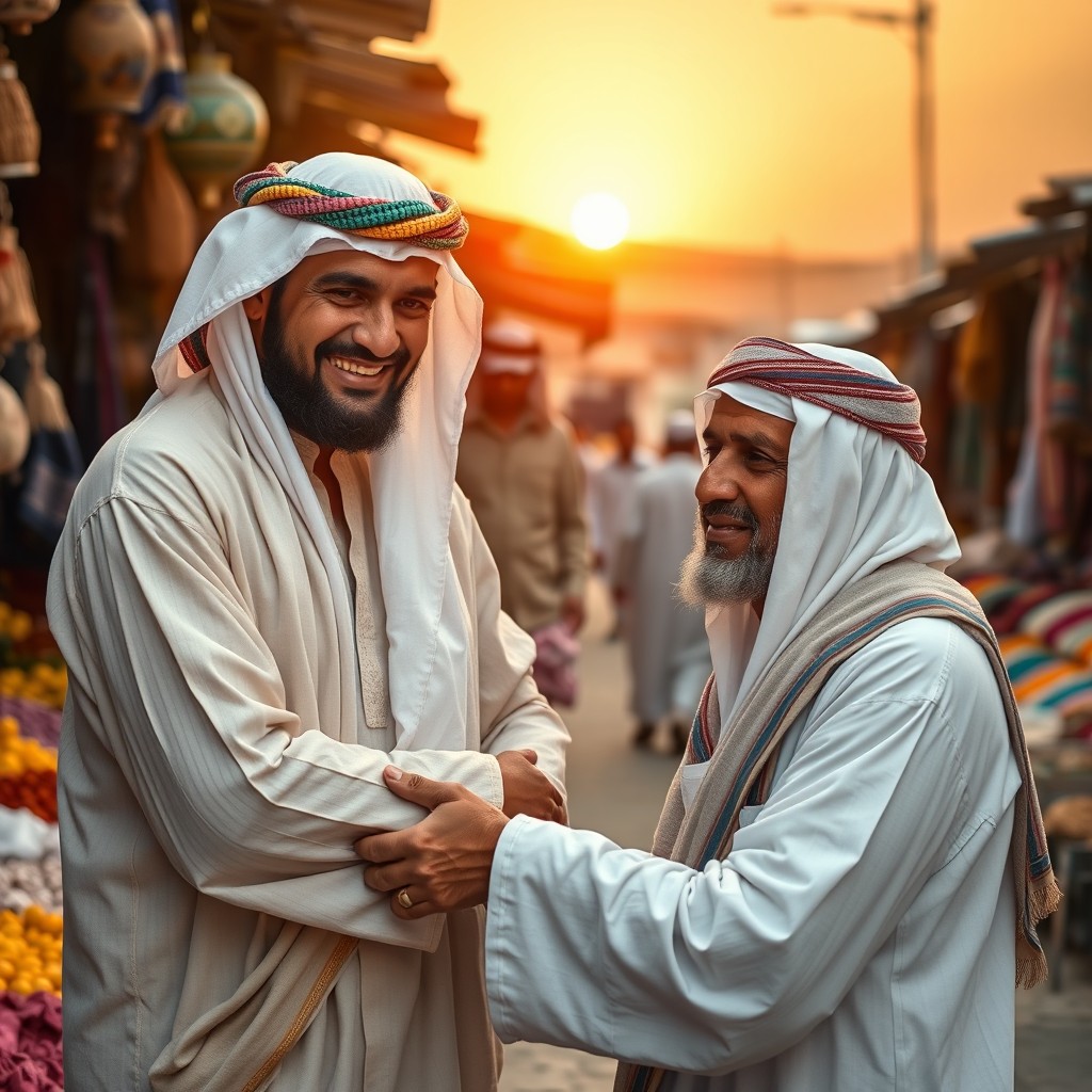 A scene depicting an Arab Muslim man in traditional attire, helping another Muslim man in need