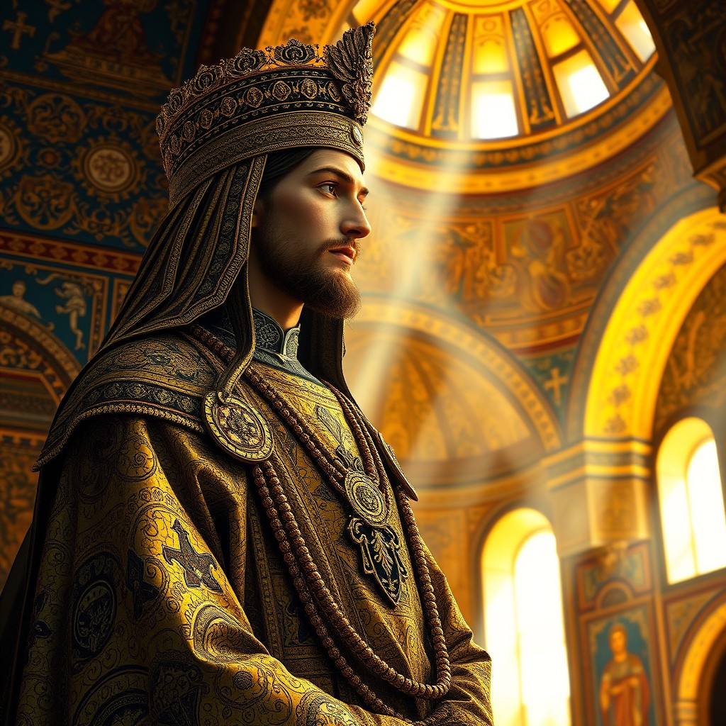 A stunning Byzantine style artwork featuring intricate mosaics and rich gold backgrounds, showcasing a majestic figure in ornate robes with detailed patterns
