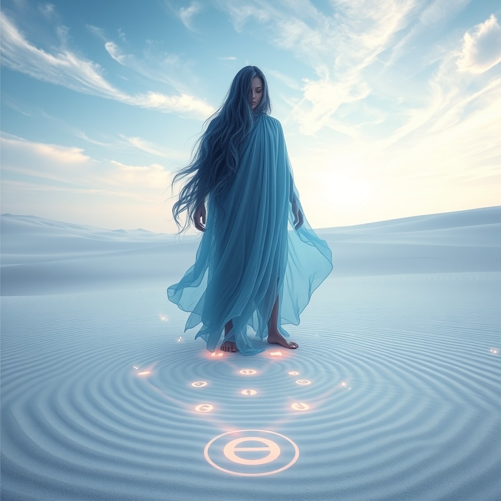 A mystical oracle in a vast white and blue desert landscape, surrounded by swirling sands and ethereal light