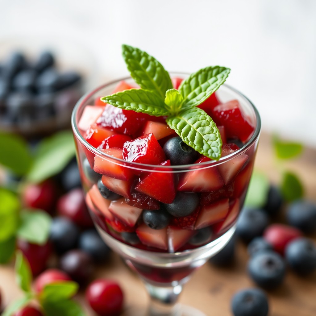 A serving cup filled with a delightful mixture of chopped strawberries, cranberries, and blueberries, all beautifully layered