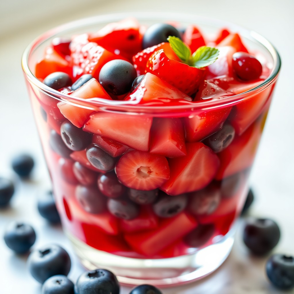 A serving cup filled with a delightful mix of chopped strawberries, cranberries, and blueberries, all artfully combined