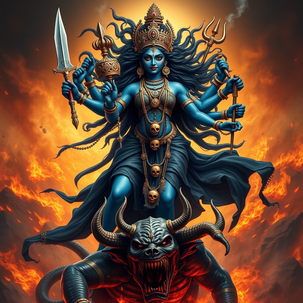 A striking and powerful depiction of Devi Kali, the Hindu goddess of destruction and transformation, portrayed with dark blue skin, multiple arms holding various weapons such as a sword and a trident, adorned with a necklace of skulls and a flowing black skirt