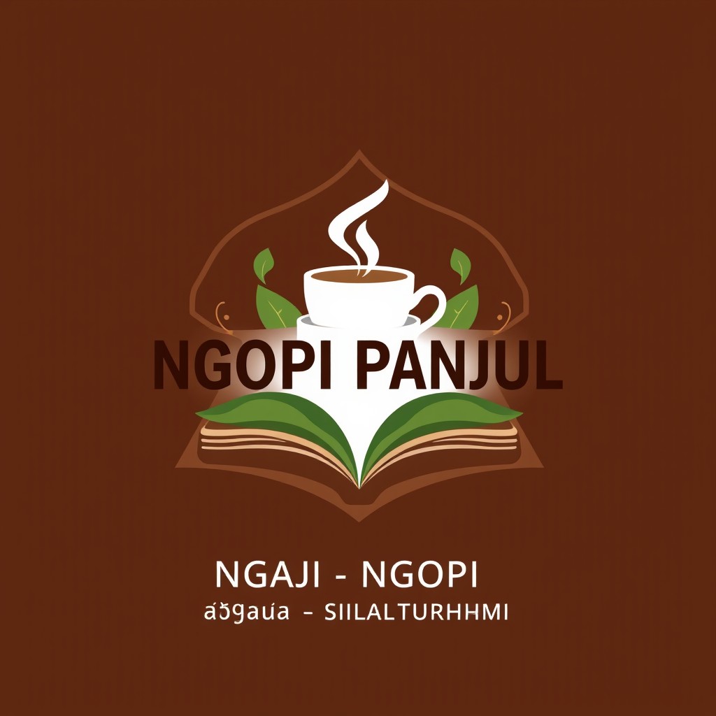 A modern Islamic logo design that creatively combines the image of a book and a coffee cup, symbolizing knowledge, relaxation, and community