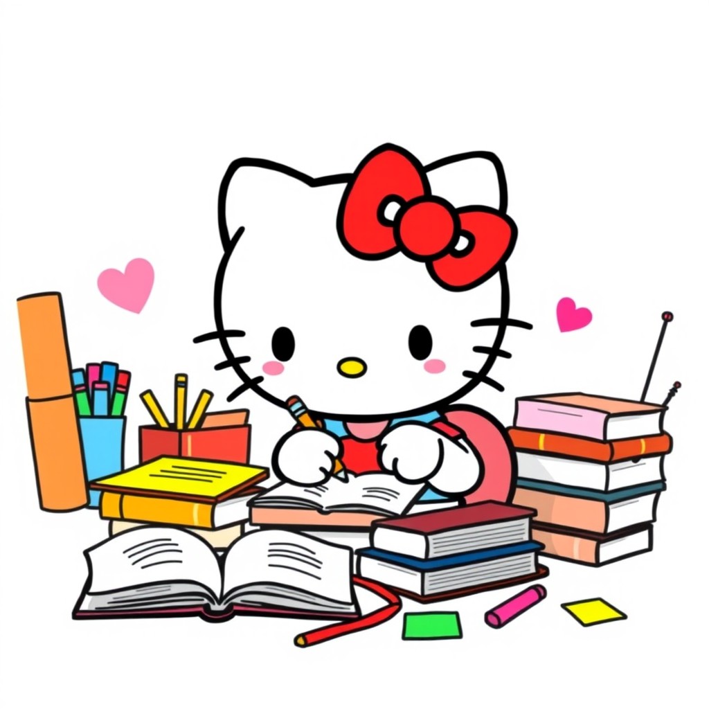A cute illustration of Hello Kitty studying, characterized by her iconic appearance with a red bow on her head, looking focused as she sits at a desk surrounded by books and stationery