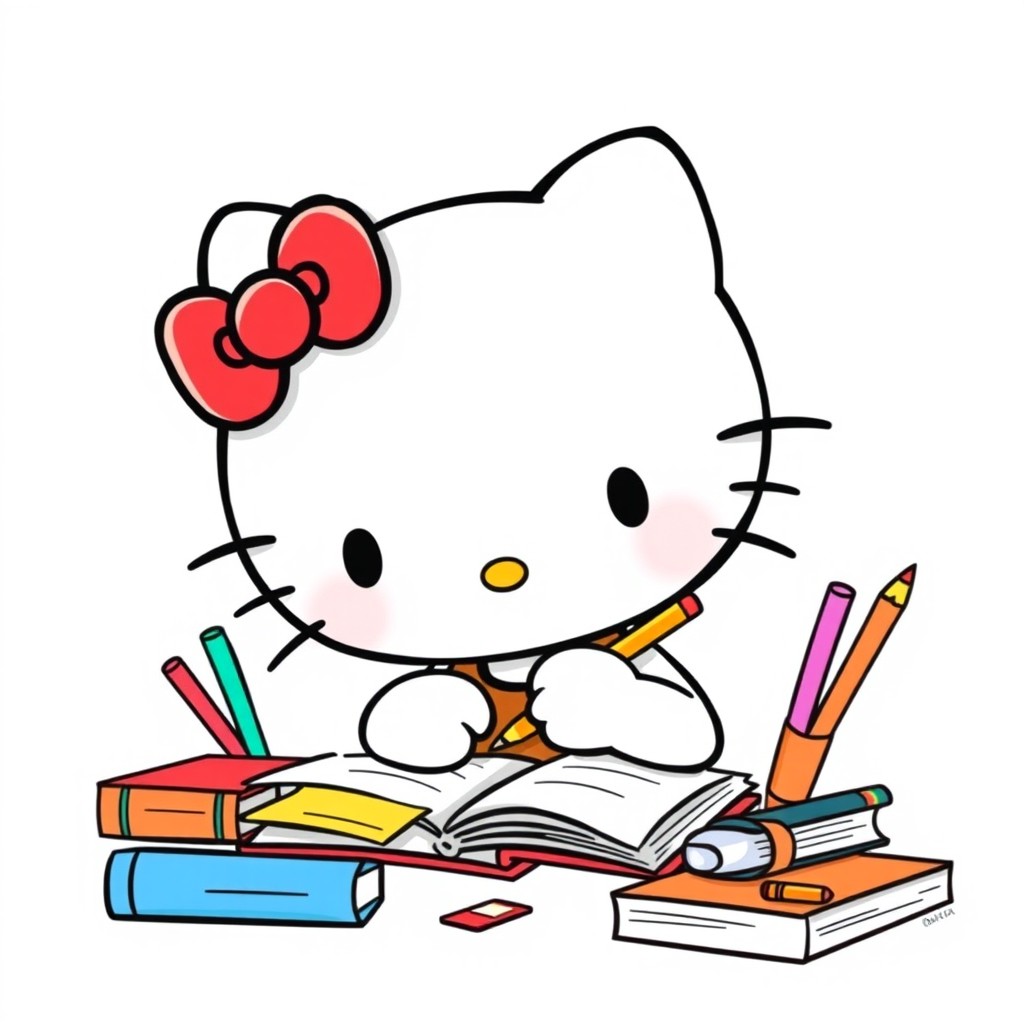 A cute illustration of Hello Kitty studying, characterized by her iconic appearance with a red bow on her head, looking focused as she sits at a desk surrounded by books and stationery
