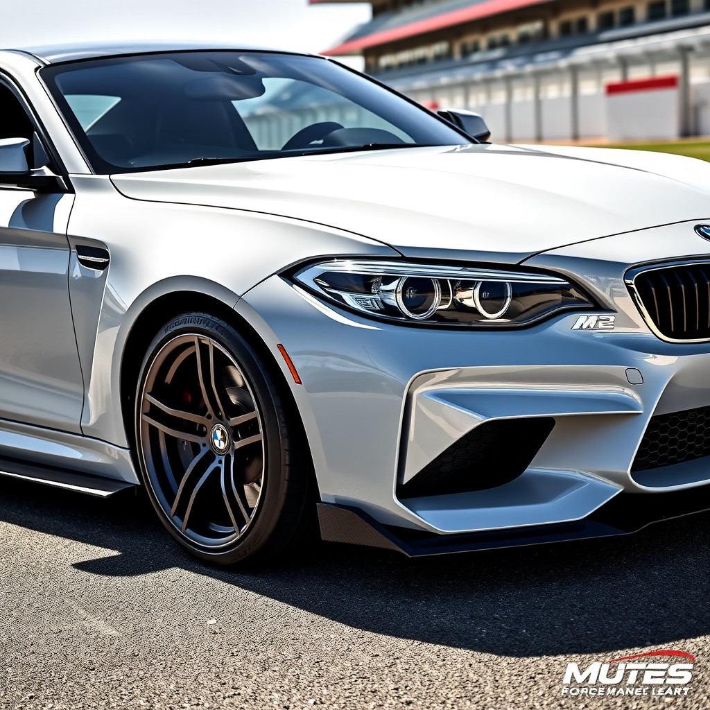 A sleek white BMW M2, featuring carbon fiber elements including a carbon fiber hood and carbon fiber side skirts