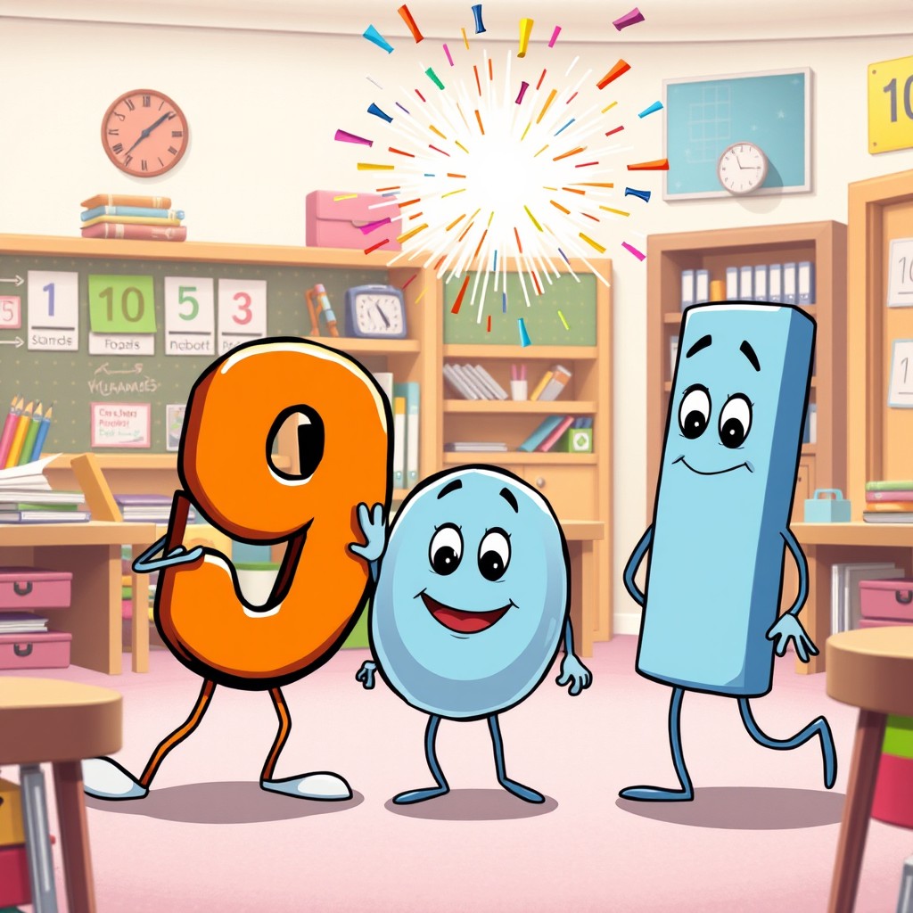In a colorful animated scene depicting mathematical characters, a lively number 9 is seen bullying other numbers in a playful, exaggerated manner