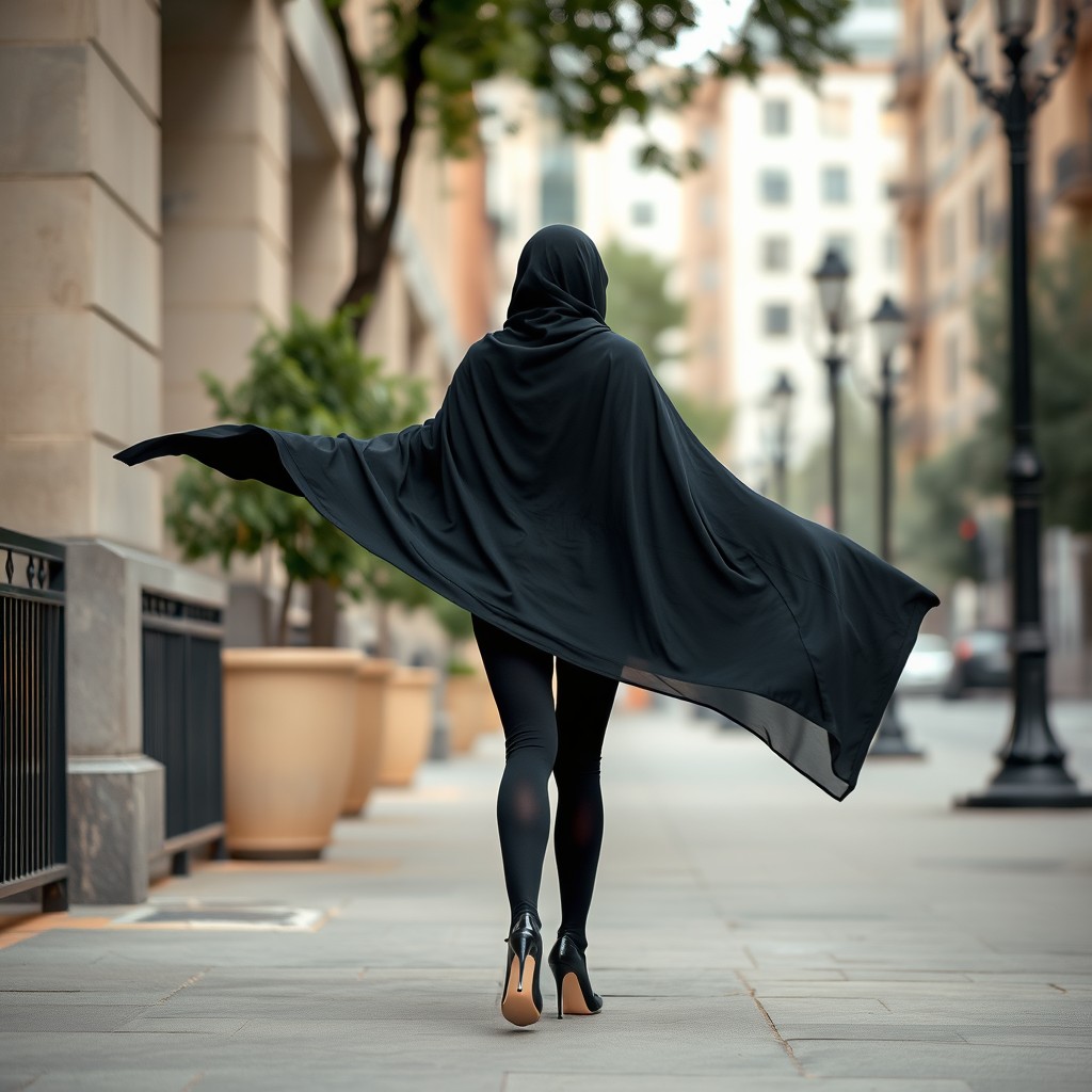 A woman wearing a thick black chador flowing elegantly around her