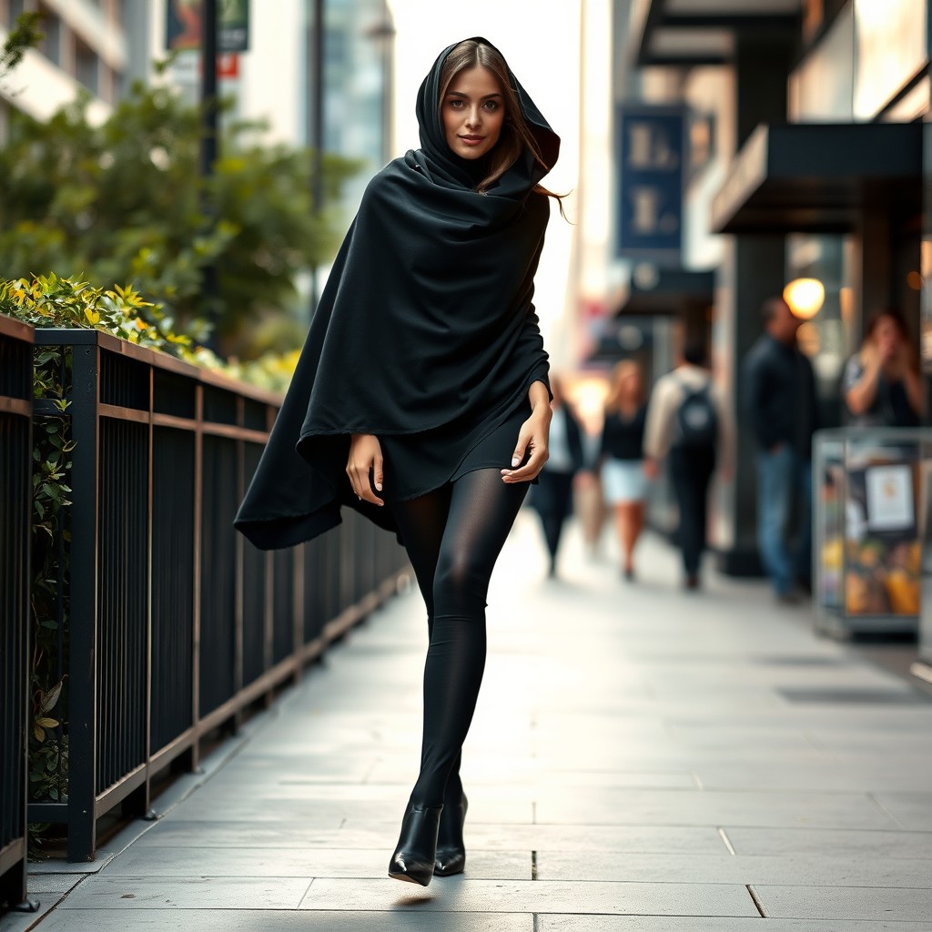A woman wearing a thick black chador that envelops her gracefully