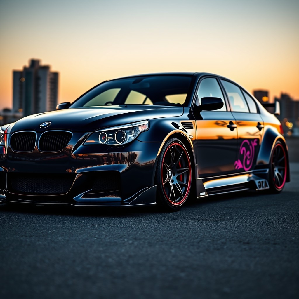 A stunning BMW E60 in a widebody configuration, showcasing aggressive aerodynamic enhancements and a lowered stance