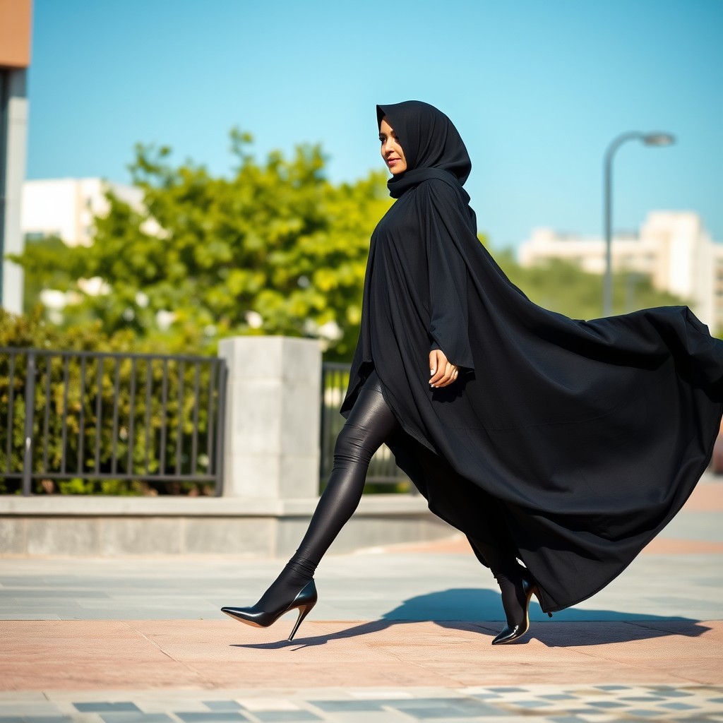 A woman gracefully walking on a sidewalk, dressed in a thick, elegant black chador, paired with shiny black tights and stylish black high heels
