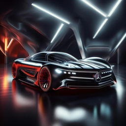 A revolutionary and luxurious concept of a Mercedes Benz supercar visualized in stunning 8K resolution, gleaming beneath spotlights.