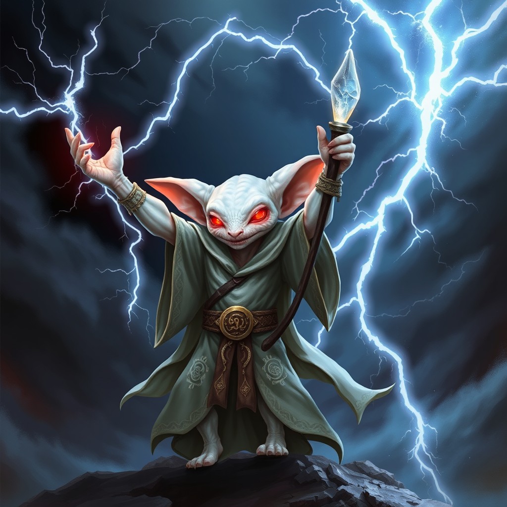 A mystical albino kobold sorcerer with shimmering white scales and bright red eyes, standing confidently with arms raised while casting a powerful lightning bolt from their fingertips