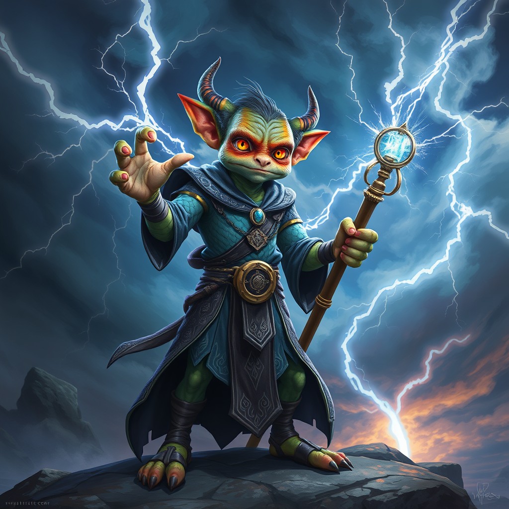 A mystical kobold sorcerer with vibrant, scaled skin and bright eyes, standing confidently while casting a powerful lightning bolt from their fingertips