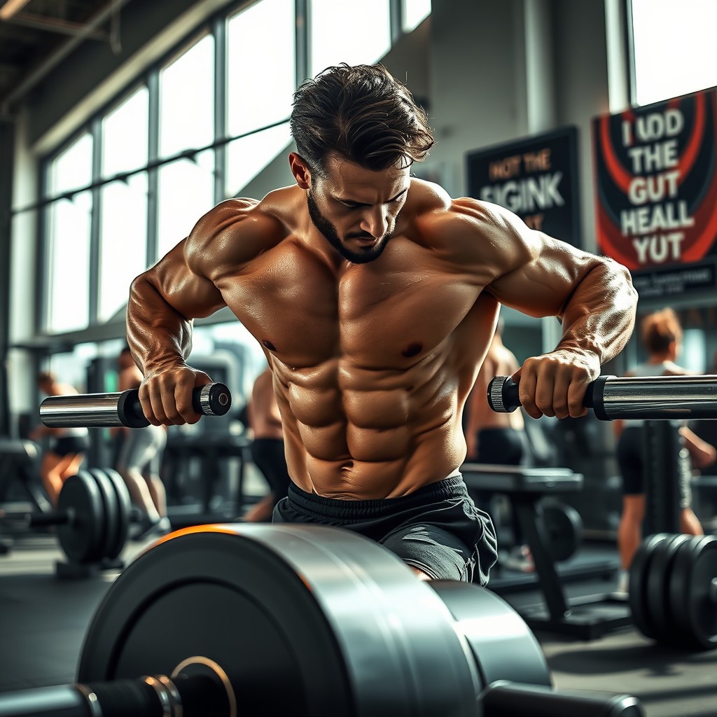 A dynamic scene showcasing a fit and muscular person engaging in an intense workout in a modern gym