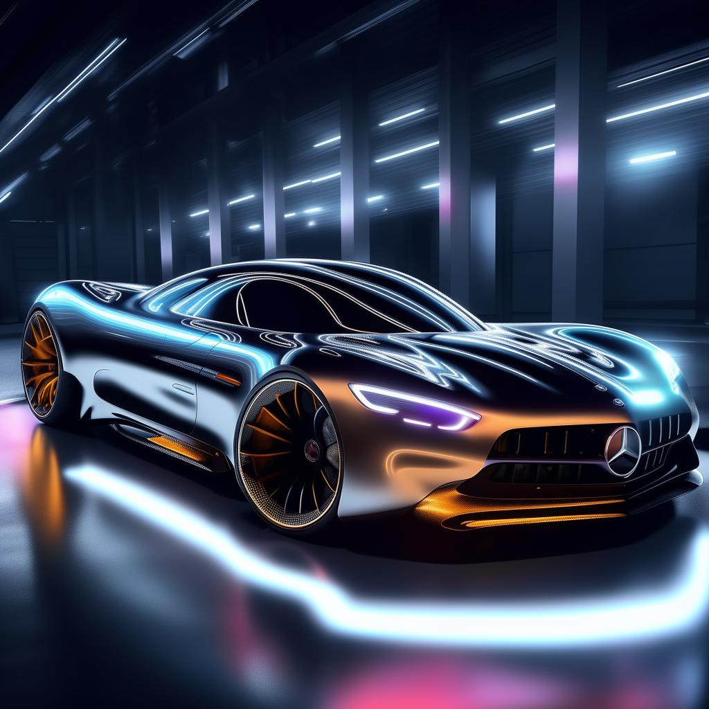 A revolutionary and luxurious concept of a Mercedes Benz supercar visualized in stunning 8K resolution, gleaming beneath spotlights.