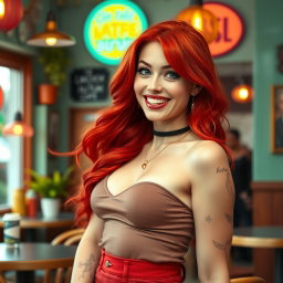 A sexy and funny woman with vibrant red hair and an engaging smile, showcasing her playful personality