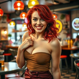 A sexy and funny woman with vibrant red hair and an engaging smile, showcasing her playful personality