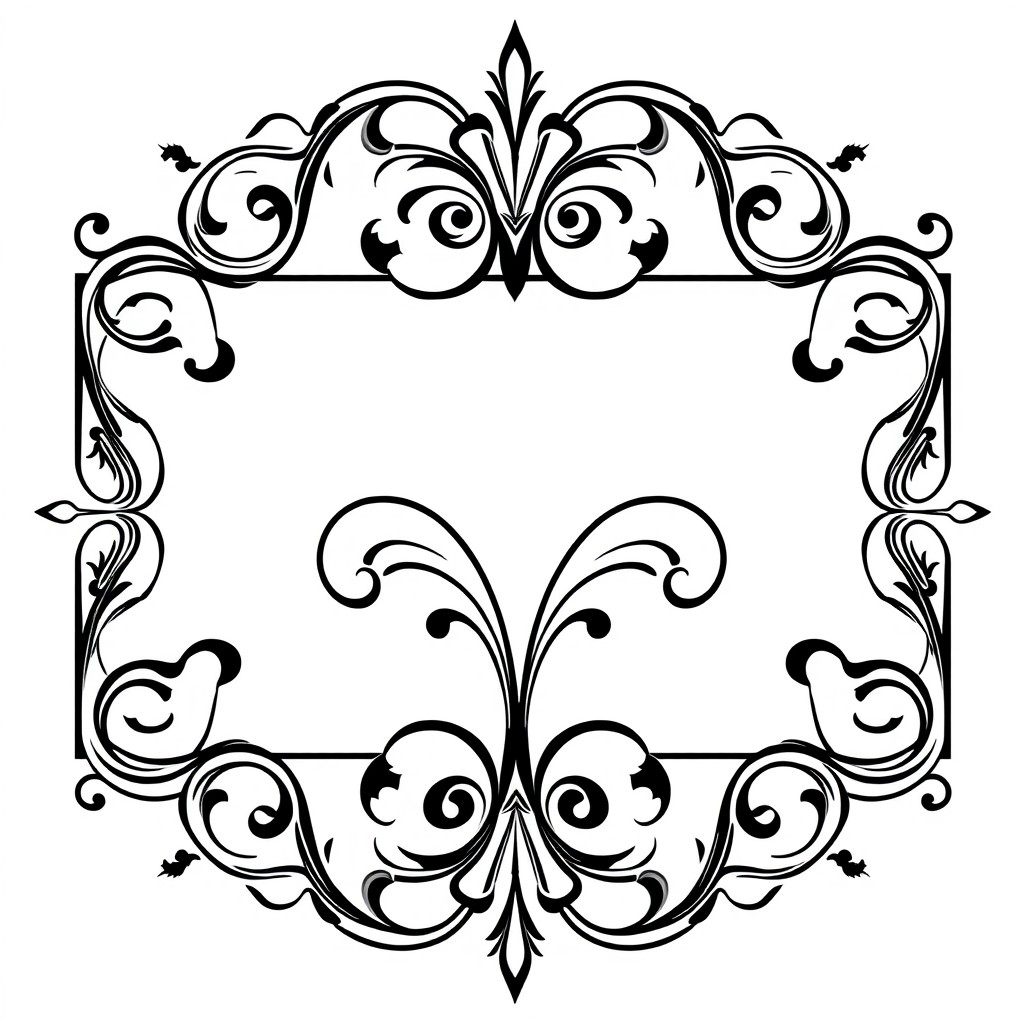 A horizontal rectangular vector-style black and white ornamental composition measuring 18×12 cm