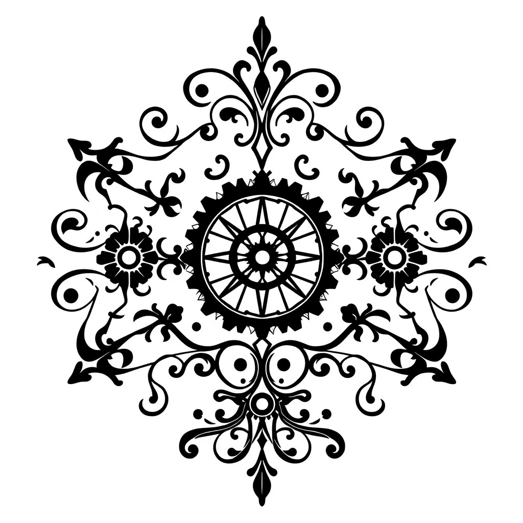 A black and white horizontal graphic design measuring 18×12 cm, uniquely combining steampunk ornamentation with elegant baroque curls