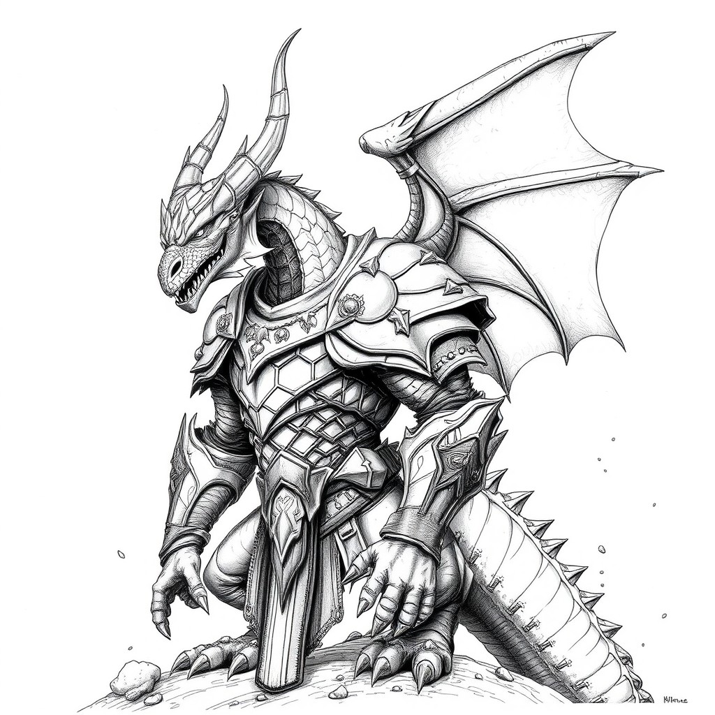 A Drakéide clad in heavy armor, set in a fantasy Dungeons and Dragons universe, depicted in a monochrome black and white drawing on a white background