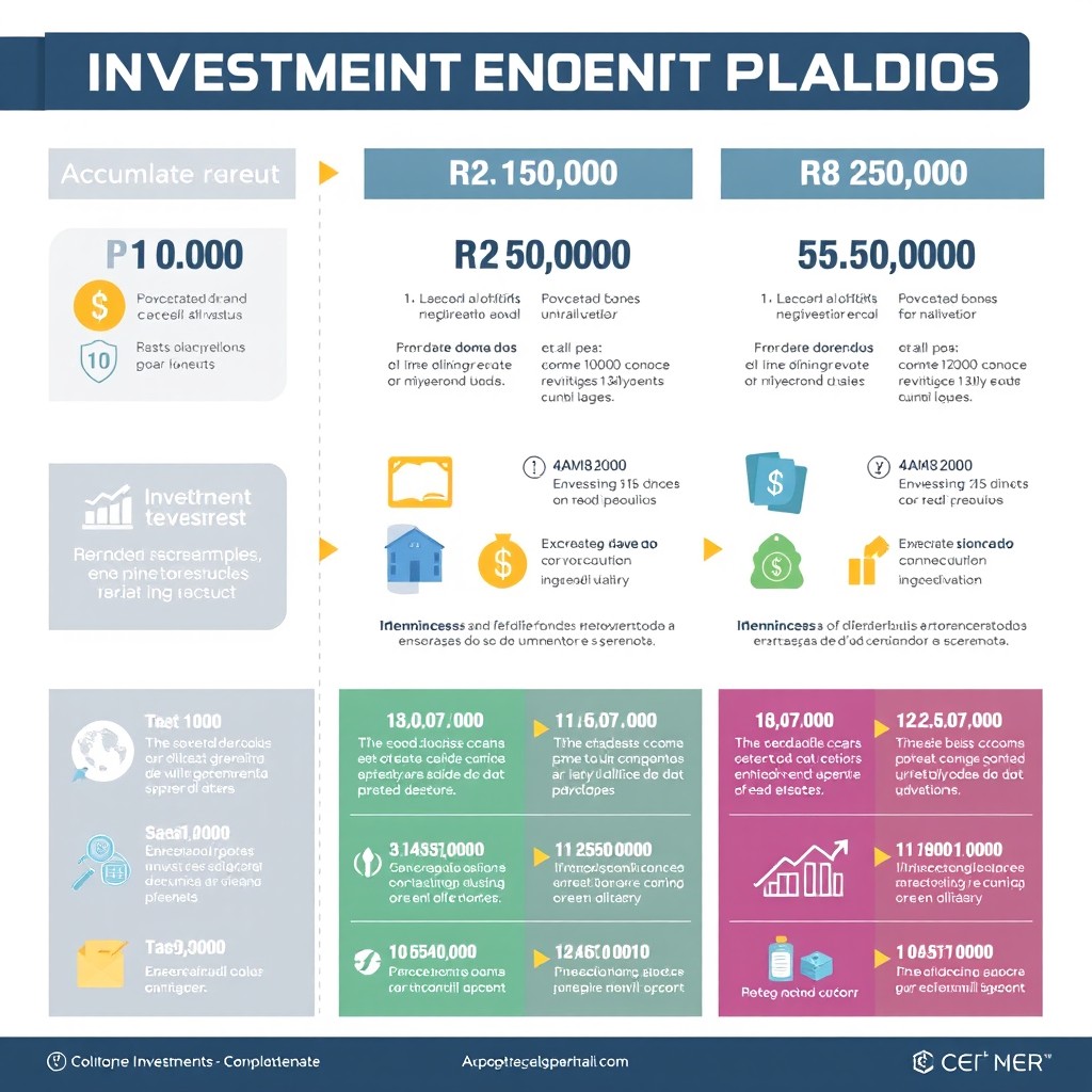 A detailed visual infographic illustrating a step-by-step investment plan for accumulating R$ 100,000, R$ 250,000, and R$ 500,000