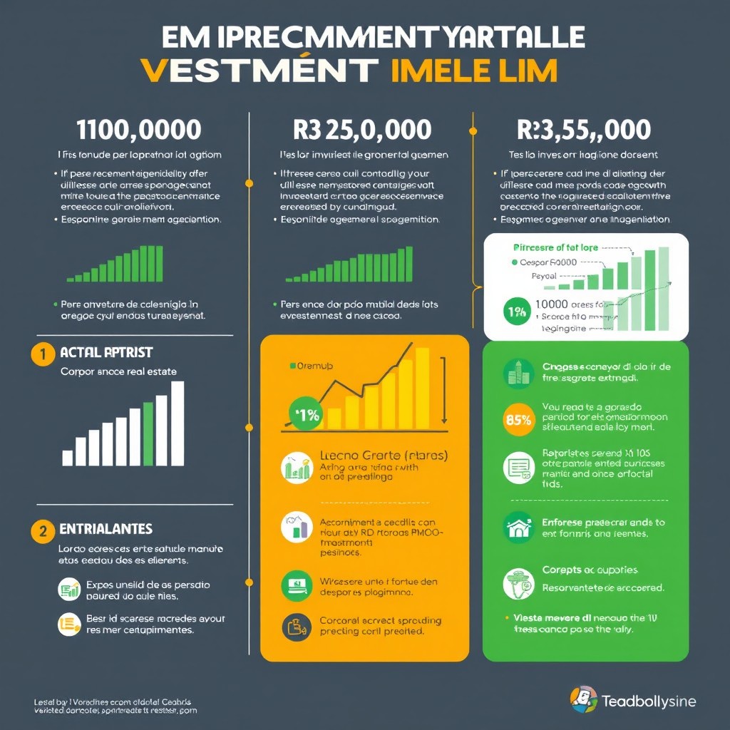A comprehensive visual guide featuring a step-by-step investment plan for accumulating R$ 100,000, R$ 250,000, and R$ 500,000