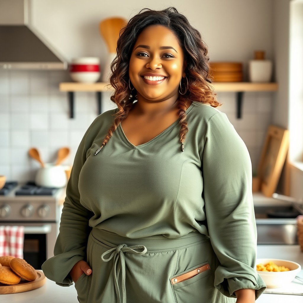 A confident and joyful plus-size beauty named Jasmine, age 31, radiating love and positivity