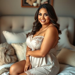 A warm and genuine woman named Ashley, age 28, depicted as curvy and confident wearing a stylish, elegant nightie that highlights her body positivity