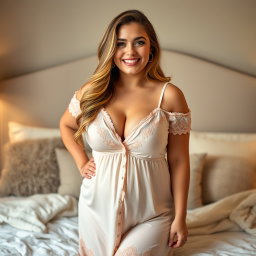 A warm and genuine woman named Ashley, age 28, depicted as curvy and confident wearing a stylish, elegant nightie that highlights her body positivity