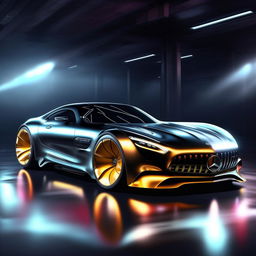 A revolutionary and luxurious concept of a Mercedes Benz supercar visualized in stunning 8K resolution, gleaming beneath spotlights.