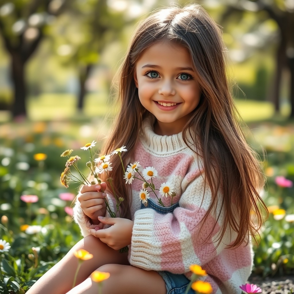 A cute girl with long, flowing brown hair, sparkling green eyes, and a warm smile