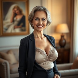 An elegant and sophisticated woman named Emma, age 52, portrayed as intelligent and refined
