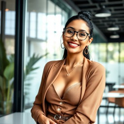 A romantic and sweet Latina woman named Sophia, age 24, depicted in a sleek glass office setting