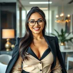 A romantic and sweet Latina woman named Sophia, age 24, depicted in a sleek glass office setting